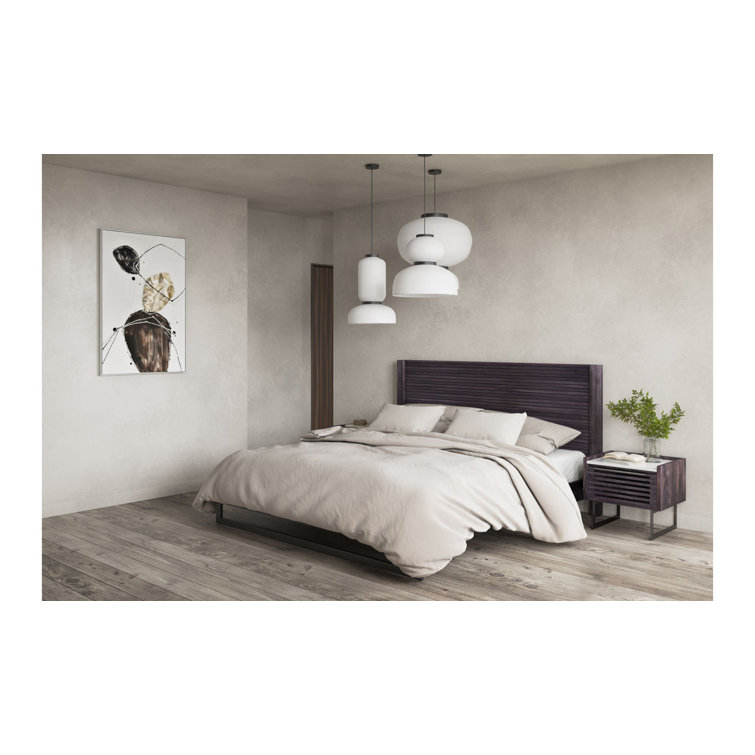 Contemporary Gray Pine King Platform Bed with Upholstered Headboard