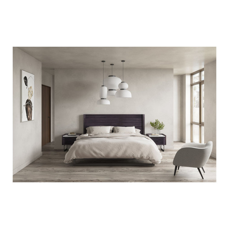 Contemporary Gray Pine King Platform Bed with Upholstered Headboard