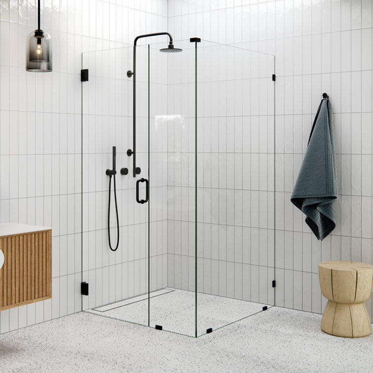 Matte Black Frameless Glass Shower Enclosure with Brass Fittings