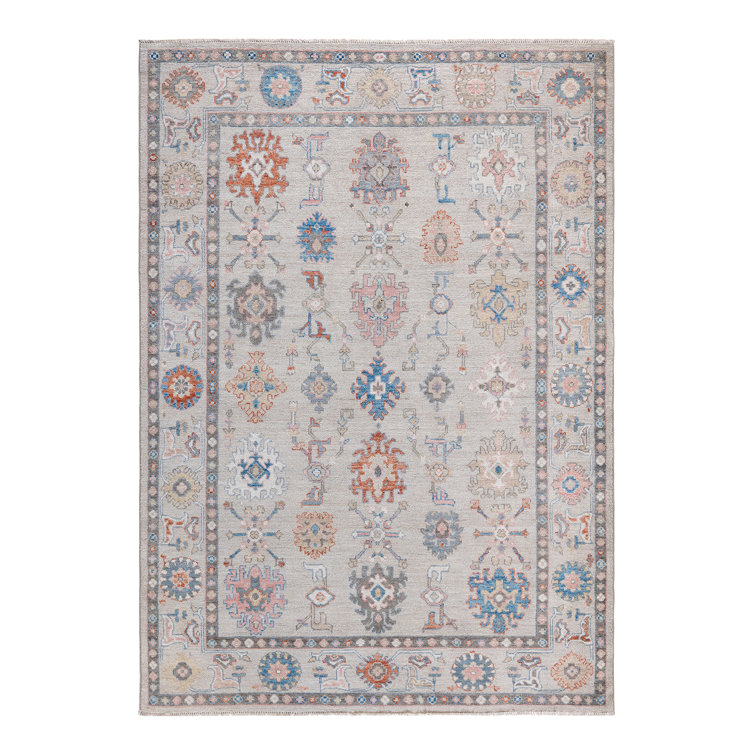 Adorn Oushak Ivory Geometric Hand-Knotted Wool Area Rug, 6'2" x 8'8"