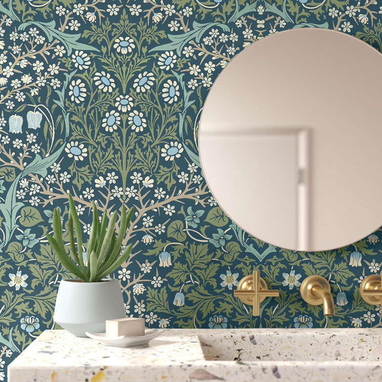 Prussian Blue and Moss Green Damask Peel and Stick Wallpaper