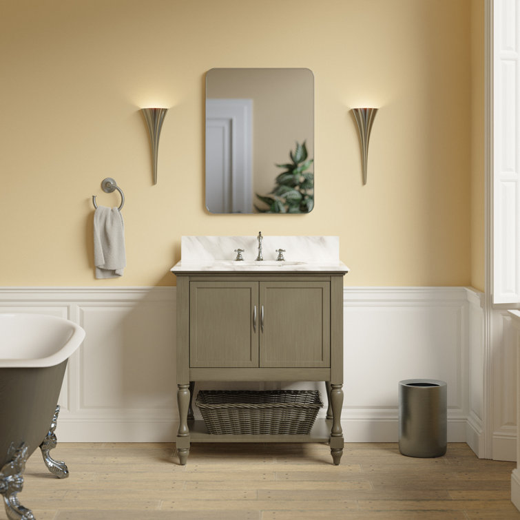Charcoal Gray Pine Wood Single Bathroom Vanity with Carrara Marble Top
