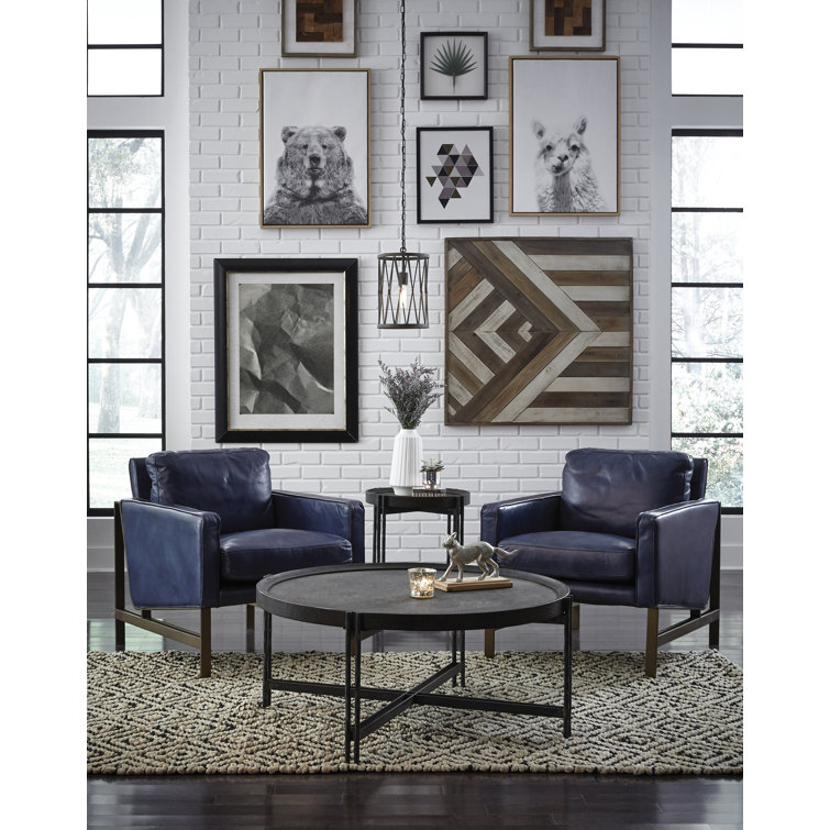 Transitional Blue Leather Club Accent Chair with Brass Metal Frame