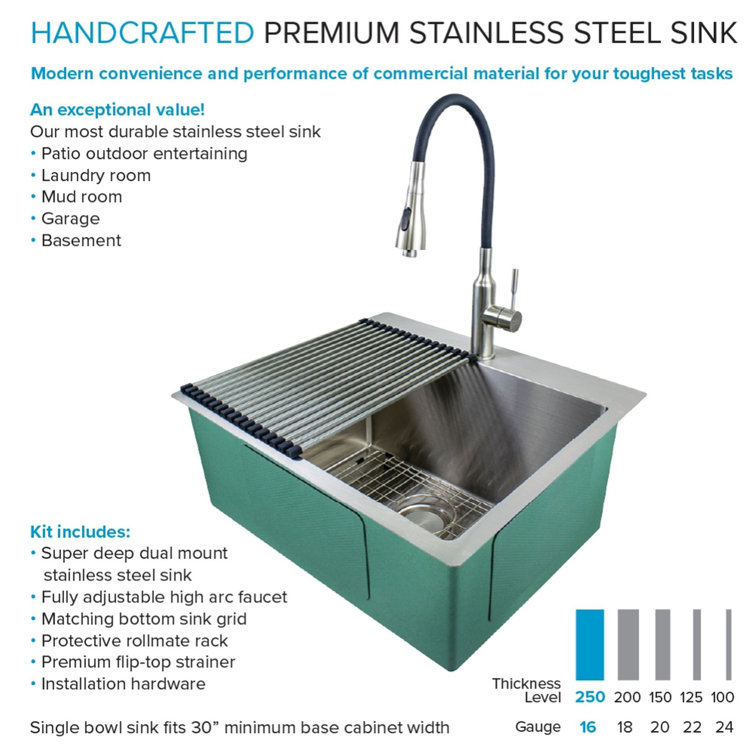25'' Silver Stainless Steel Drop-In Undermount Laundry Sink