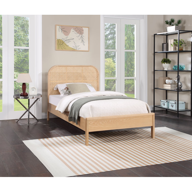 Natural Twin Wood Frame Bed with Cane Headboard