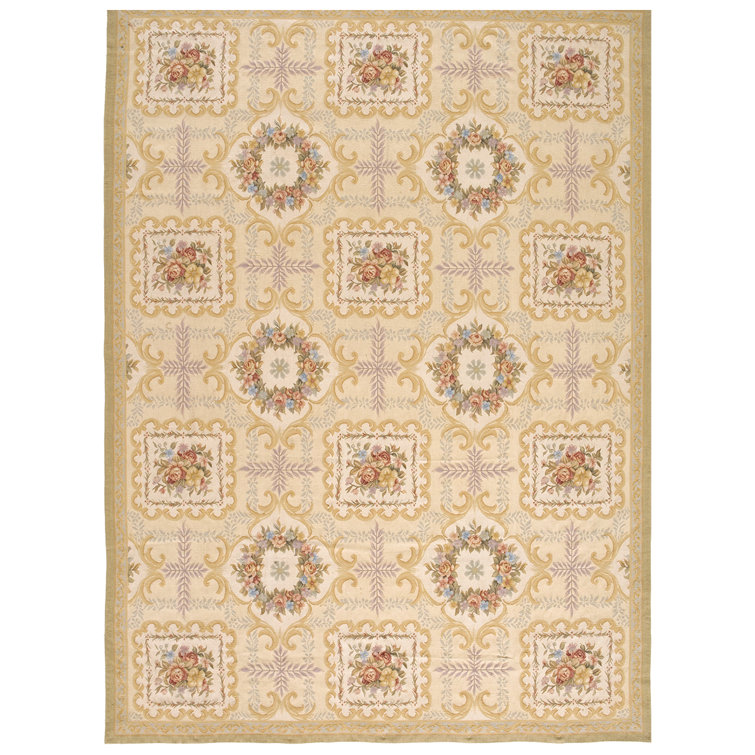Ivory and Gold Hand-Knotted Wool Oriental 8' x 10' Rug