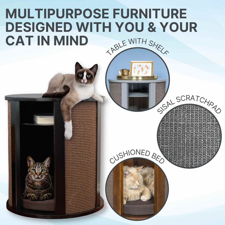 Espresso Wood Round Cat Bed End Table with Scratch Pad