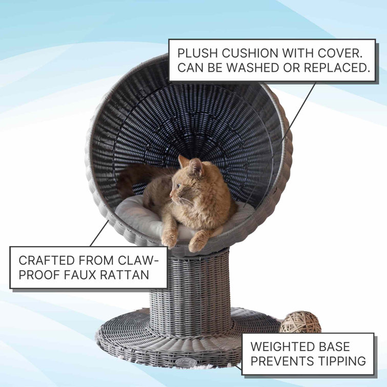 Espresso Faux Rattan Elevated Round Cat Bed with Cushion