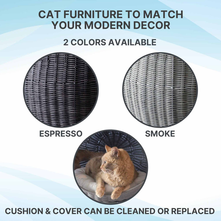 Espresso Faux Rattan Elevated Round Cat Bed with Cushion