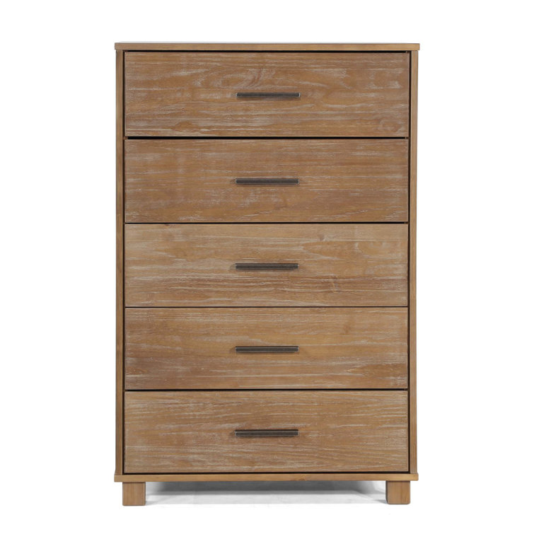 Weathered Pine Solid Wood 5-Drawer Chest with Metal Glides