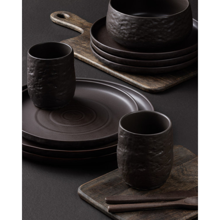 Black Ceramic 16-Piece Stoneware Dinnerware Set, Service for 8