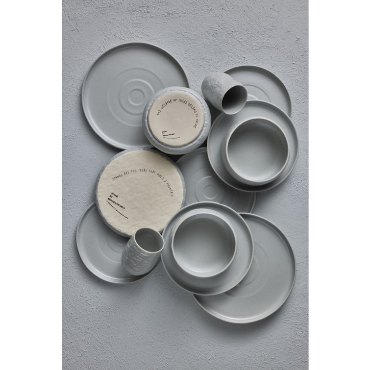 Gray and White Ceramic 16-Piece Textured Dinnerware Set