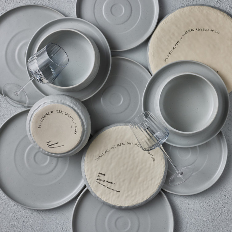 Gray and White Ceramic 16-Piece Textured Dinnerware Set