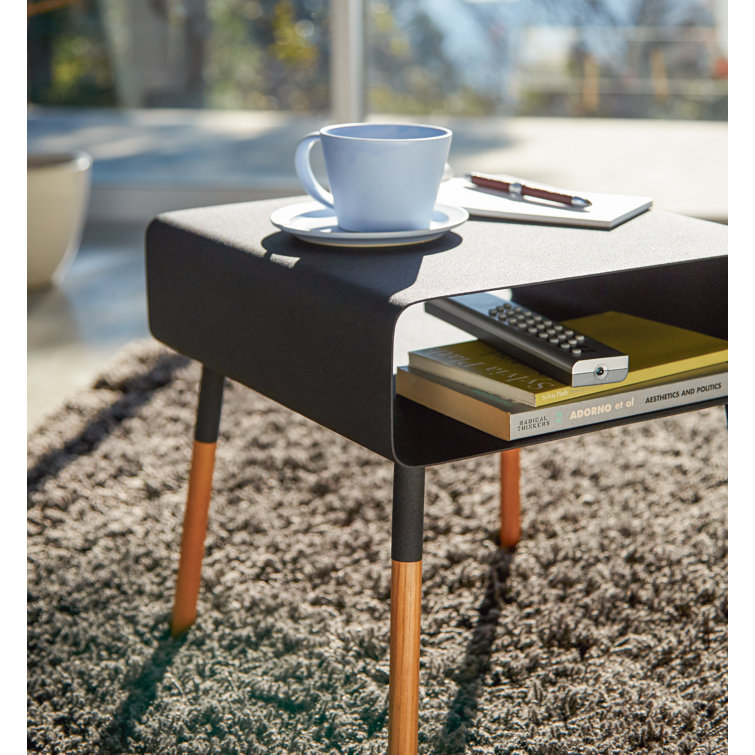 Black and Light Wood Square Side Table with Storage Shelf