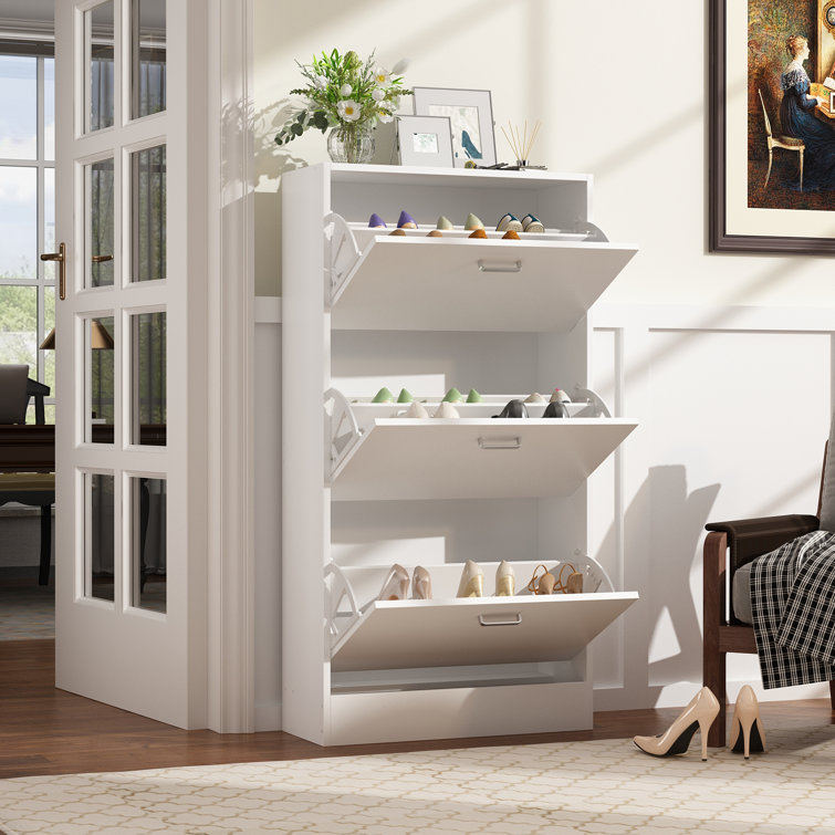 Elegant Freestanding 3-Tier Shoe Cabinet with Pull-Down Drawers, White