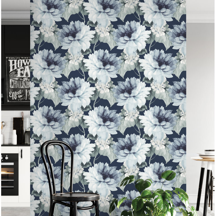 Navy Blue and Slate Green Floral Vinyl Peel & Stick Wallpaper