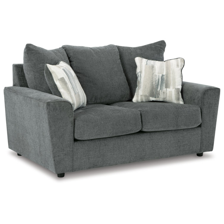 Gray Fabric Flared Arm Loveseat with Wood Frame