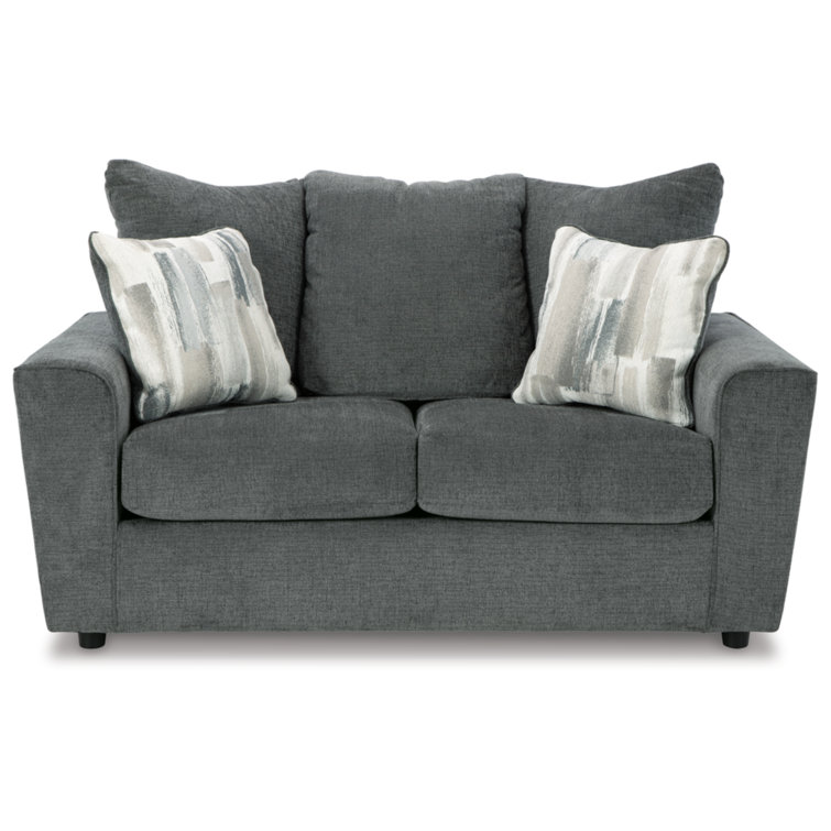 Gray Fabric Flared Arm Loveseat with Wood Frame
