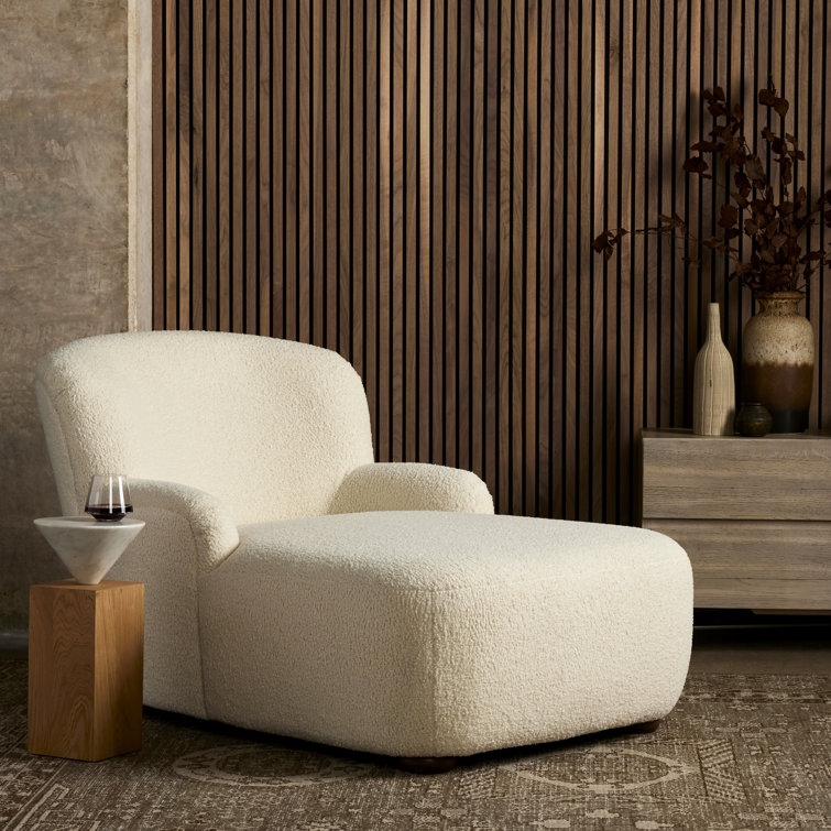 Kaden Classic Cream Bouclé & Rich Brown Wood Chaise Lounge