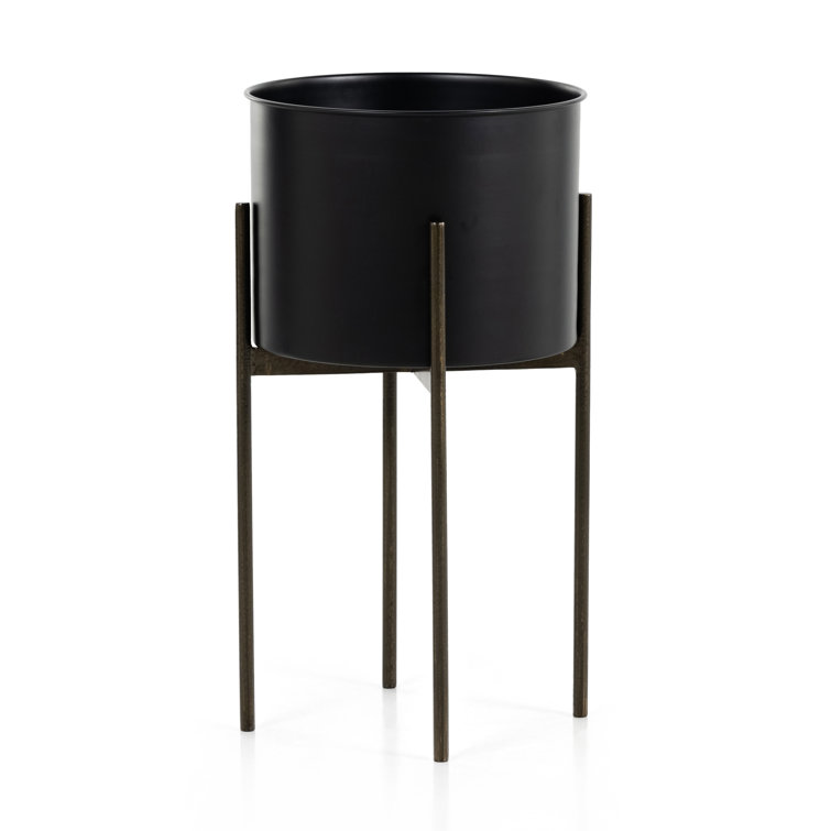 Jed 26" Tall Black Iron Planter with Brass Accents