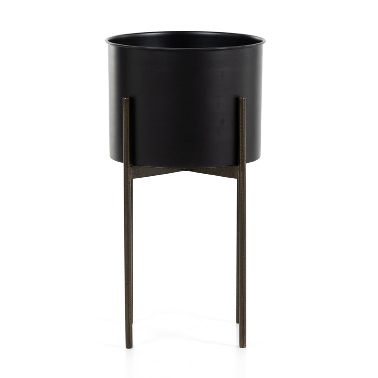 Jed 26" Tall Black Iron Planter with Brass Accents