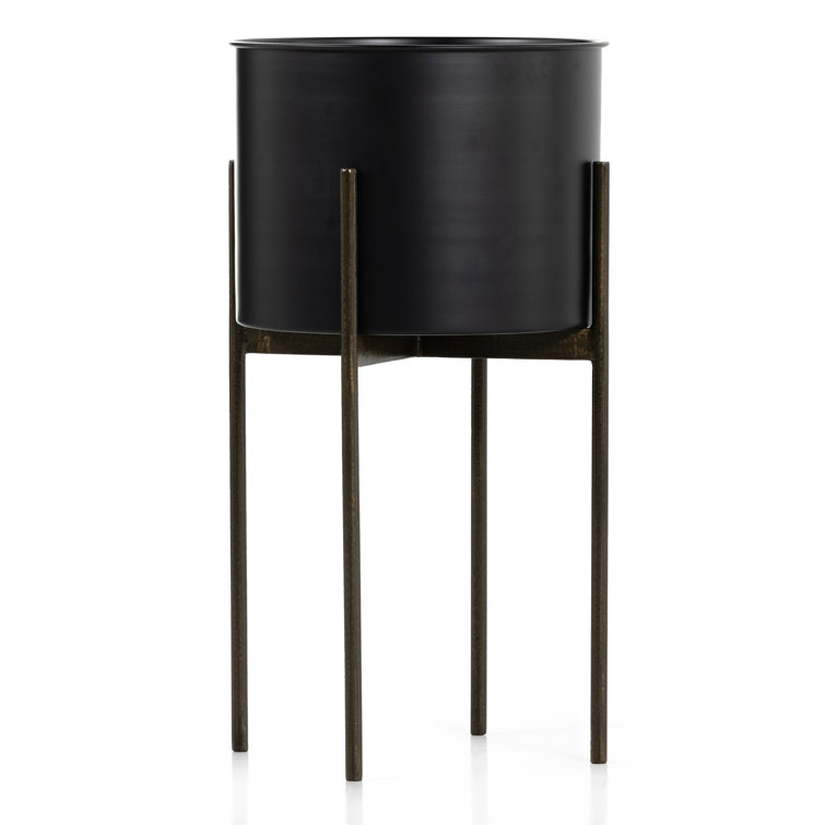 Jed 26" Tall Black Iron Planter with Brass Accents