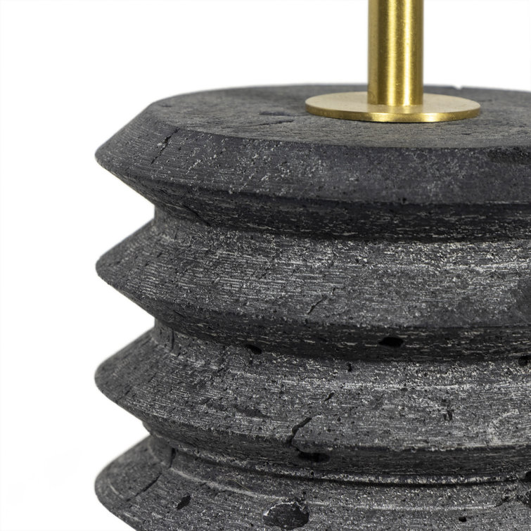 Noir Accordion Column 27" Black Travertine Lamp with Linen Shade