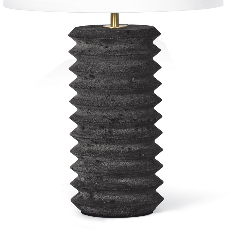Black Travertine Table Lamp with Linen Shade