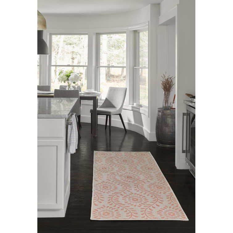 Coral and Beige Floral Stain-Resistant Synthetic Area Rug