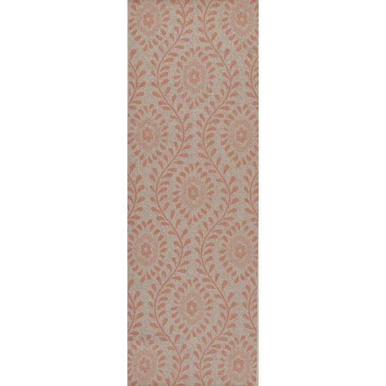 Coral and Beige Floral Stain-Resistant Synthetic Area Rug