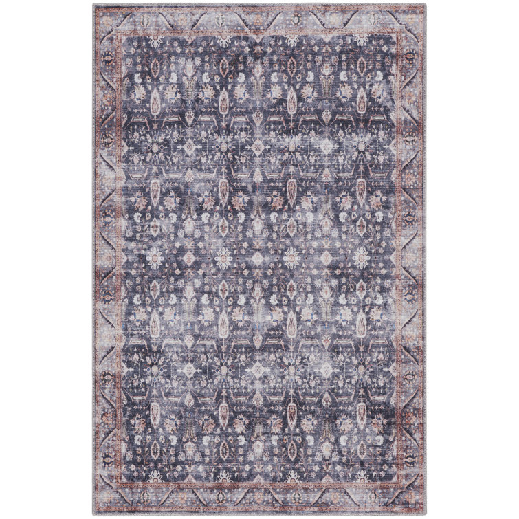 Elegant Persian Floral Navy Ivory Washable Rectangular Rug 5'3" x 7'3"