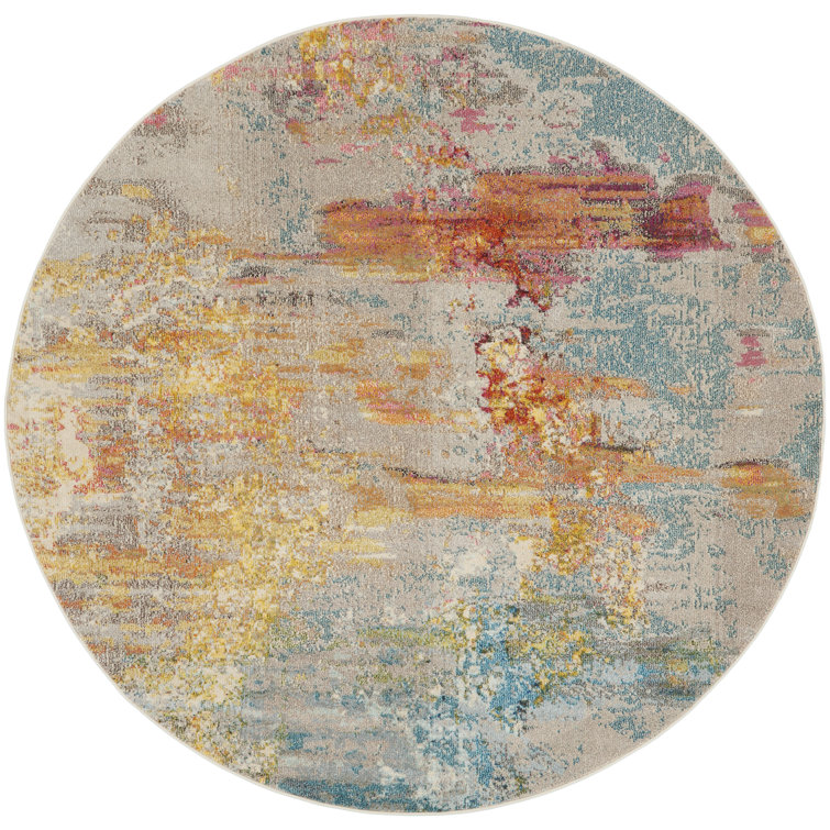 Med Grey Celestial Sealife 94" Synthetic Round Rug
