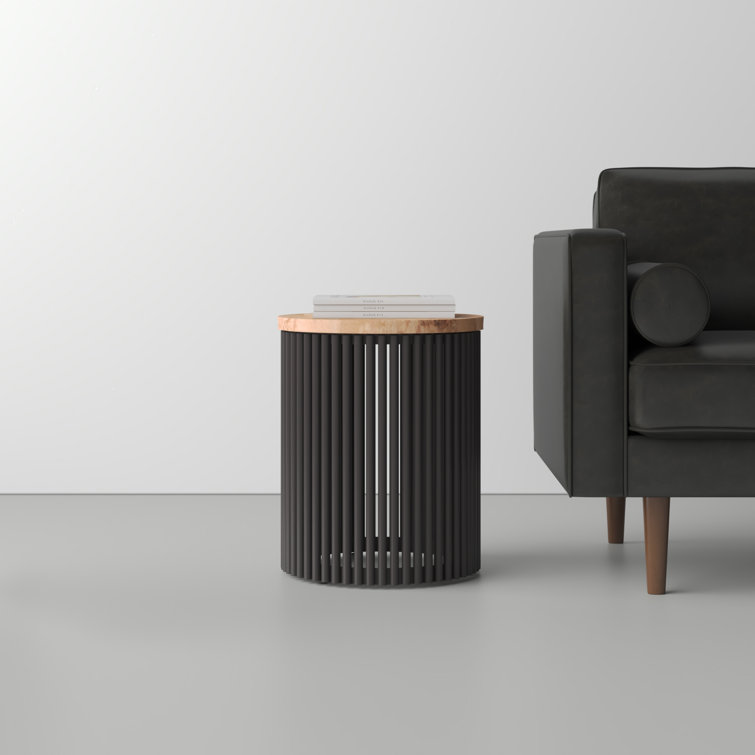 Natural Wood and Black Metal Round Accent Table