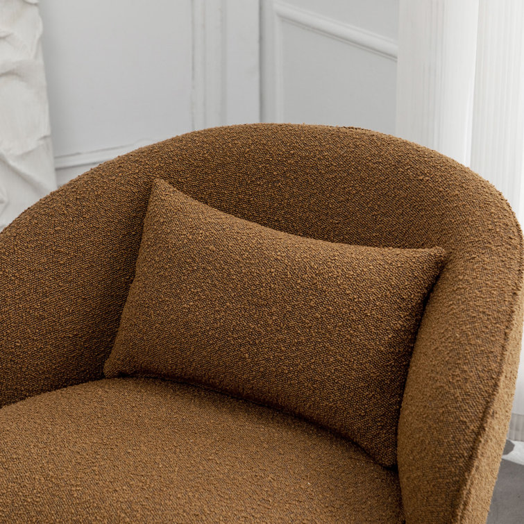 Camel Boucle Upholstered Swivel Barrel Chair with Solid Wood Frame