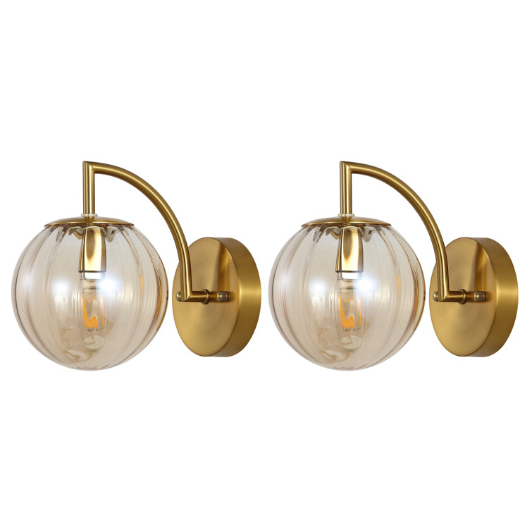 Amber Glass and Brass Direct Wired Electric Sconce Set
