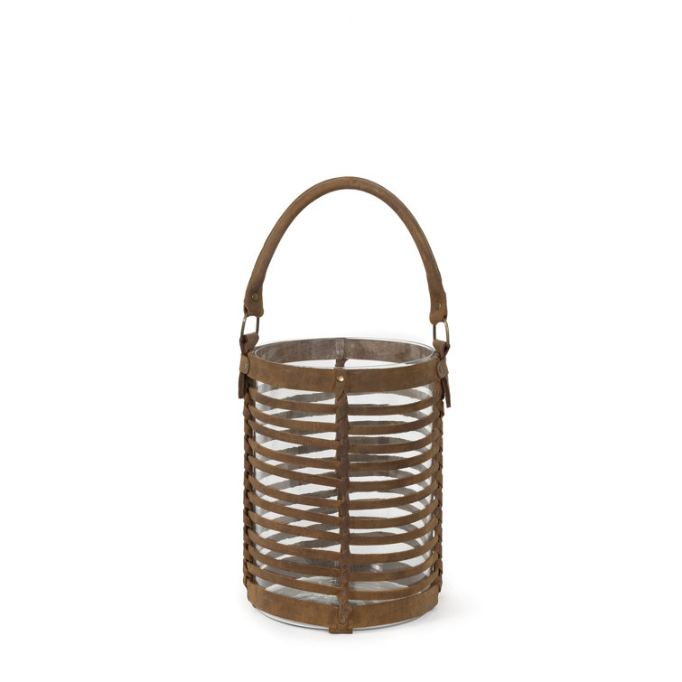 Finn 18.5" Tall Woven Leather Base Glass Hurricane