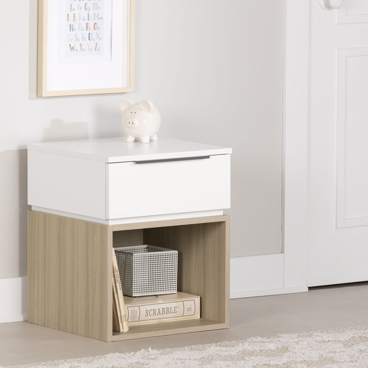 Soft Elm and White 1-Drawer Nightstand with Open Storage