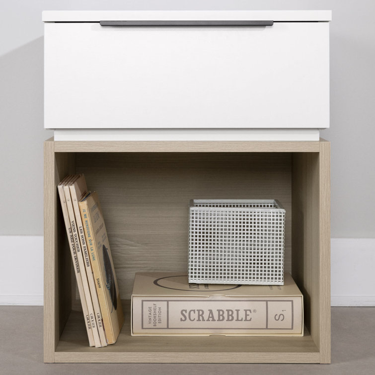 Soft Elm and White 1-Drawer Nightstand with Open Storage