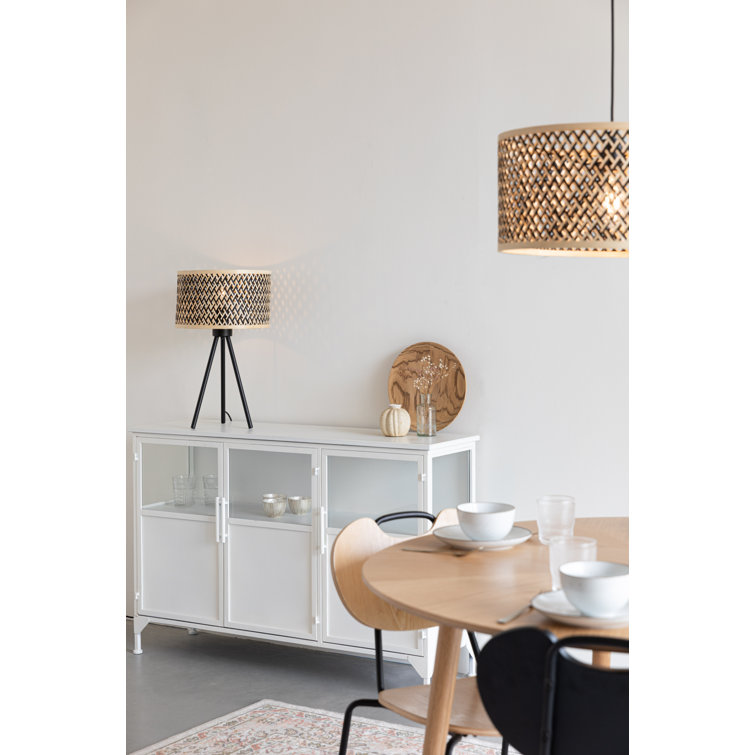 Black Metal Tripod Lamp with Beige Bamboo Shade