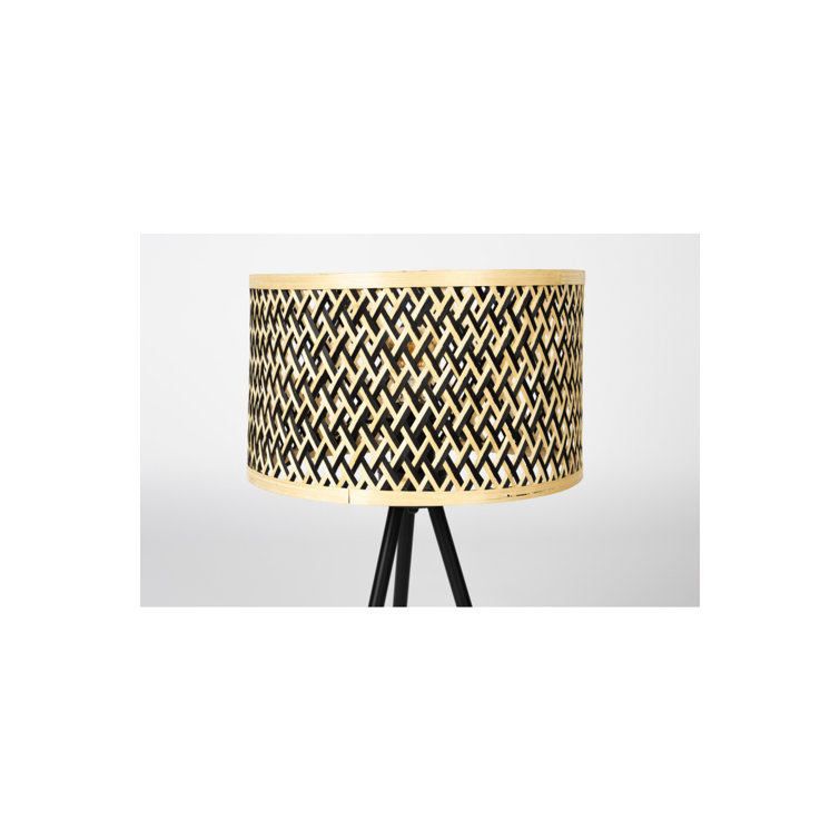 Black Metal Tripod Lamp with Beige Bamboo Shade