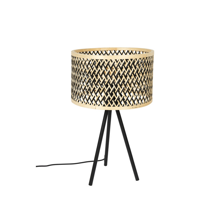 Black Metal Tripod Lamp with Beige Bamboo Shade