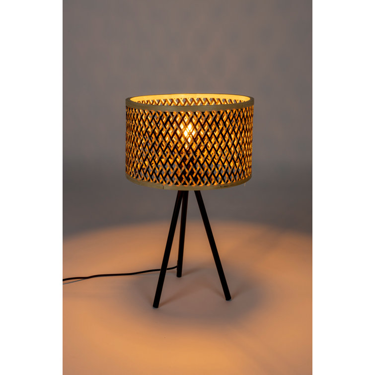 Black Metal Tripod Lamp with Beige Bamboo Shade