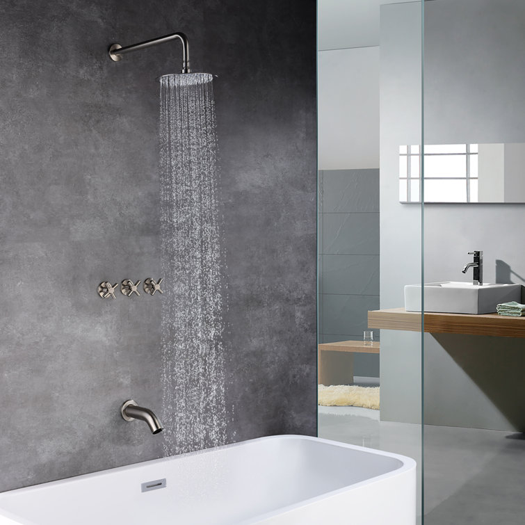 Brushed Nickel Rain Shower System with Triple Cross Handles