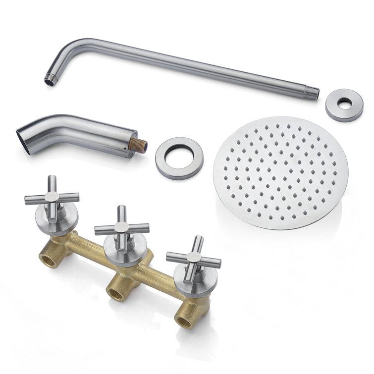 Brushed Nickel Rain Shower System with Triple Cross Handles