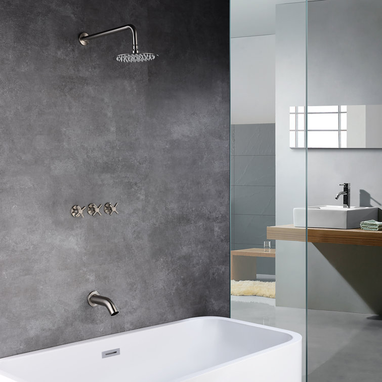 Brushed Nickel Rain Shower System with Triple Cross Handles