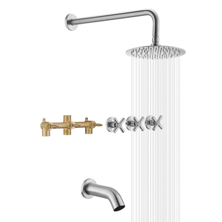 Brushed Nickel Rain Shower System with Triple Cross Handles