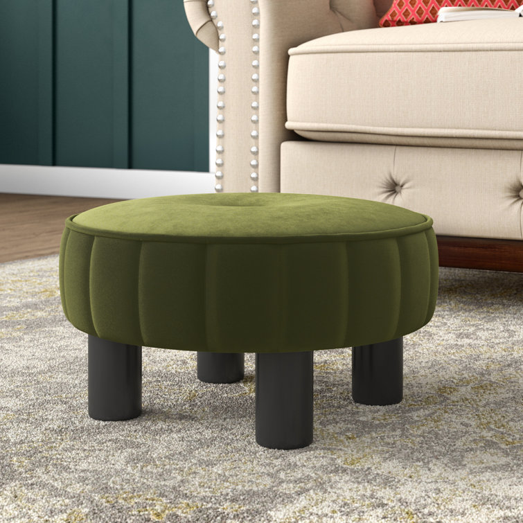 Tufted Olive Green Velvet Round Ottoman, 17"