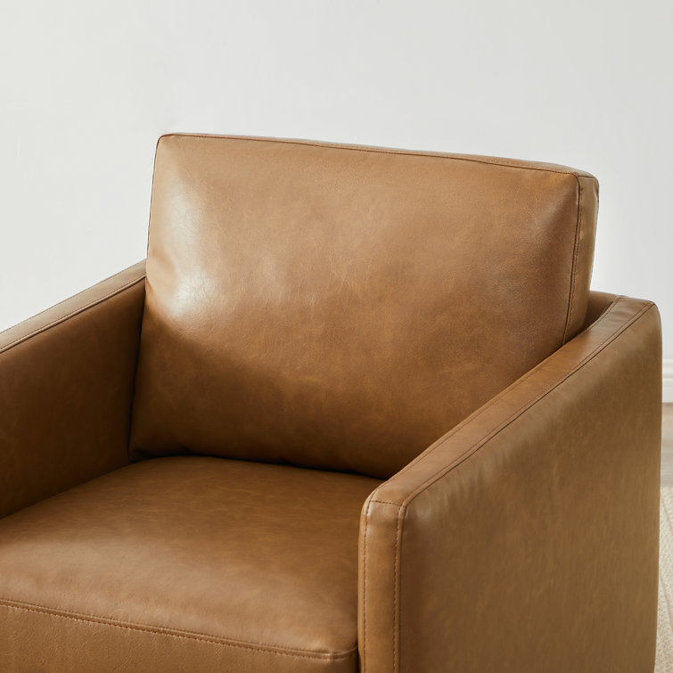 Saddle Brown Faux Leather Swivel Accent Chair Set with Wood Base