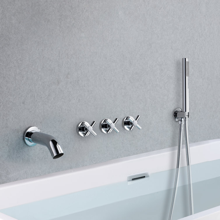 Chrome Wall Mount Triple Handle Tub Faucet with Handheld Shower