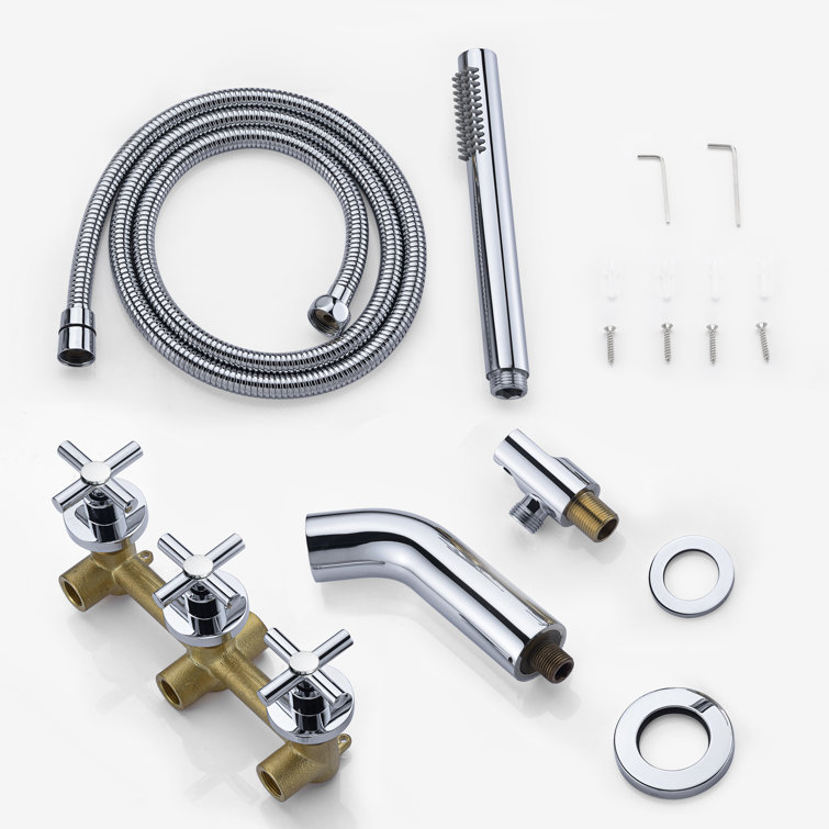 Chrome Wall Mount Triple Handle Tub Faucet with Handheld Shower